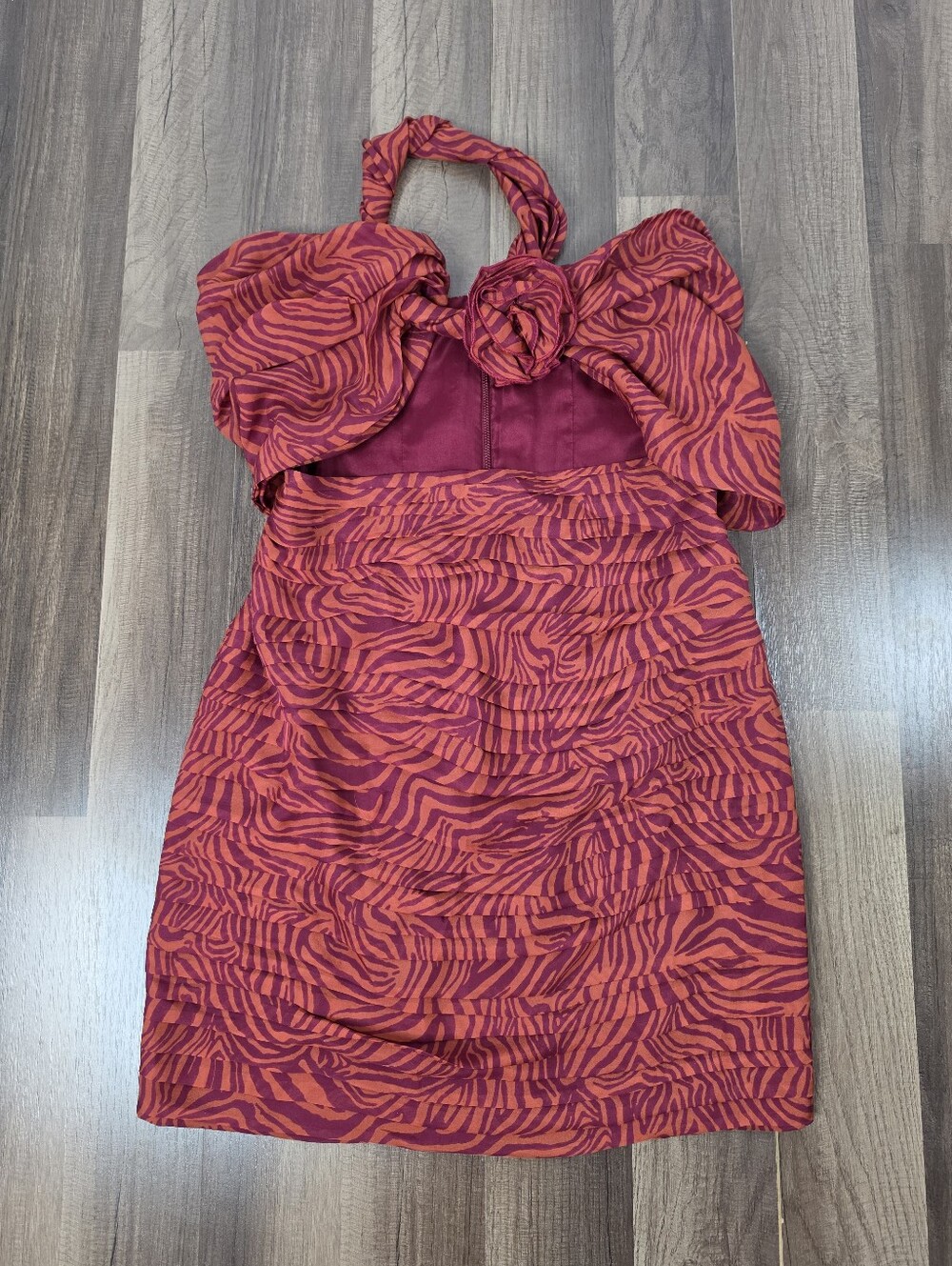 Magda Butrym Silk Ruched Rosette Zebra Mini Dress Bordeaux Luxury Cocktail 3D. 6